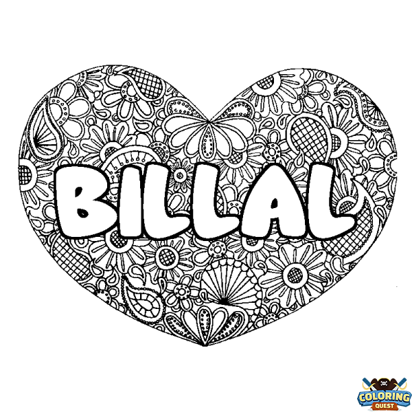 Coloring page first name BILLAL - Heart mandala background