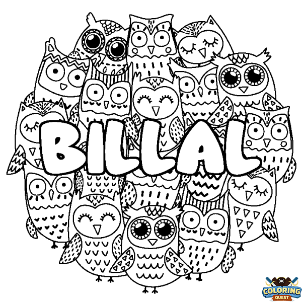 Coloring page first name BILLAL - Owls background