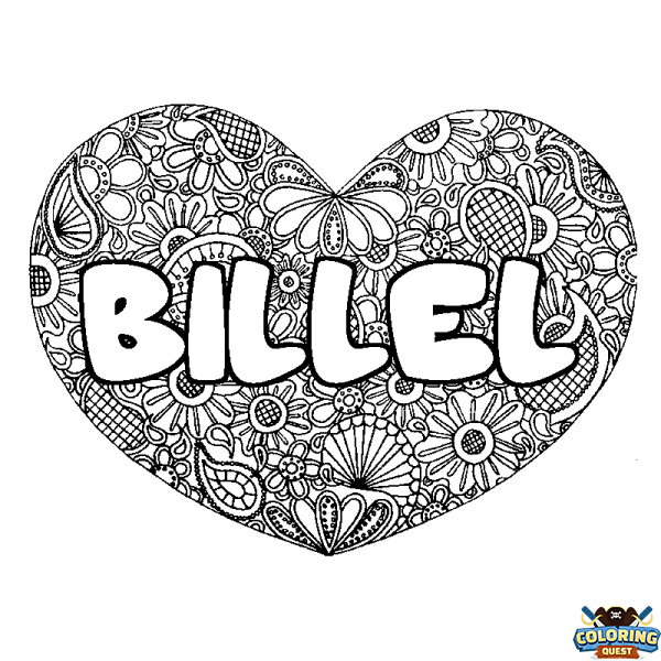 Coloring page first name BILLEL - Heart mandala background