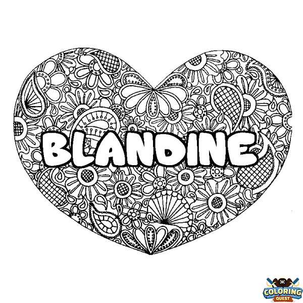 Coloring page first name BLANDINE - Heart mandala background