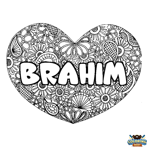 Coloring page first name BRAHIM - Heart mandala background
