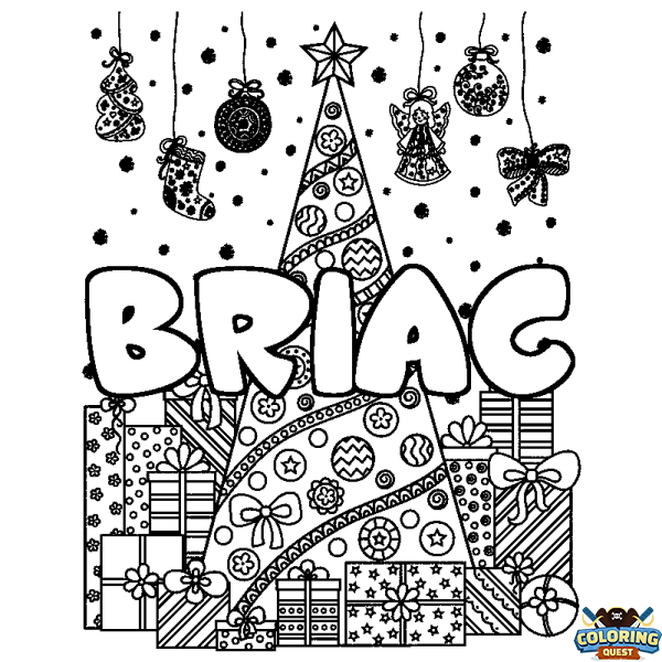 Coloring page first name BRIAC - Christmas tree and presents background