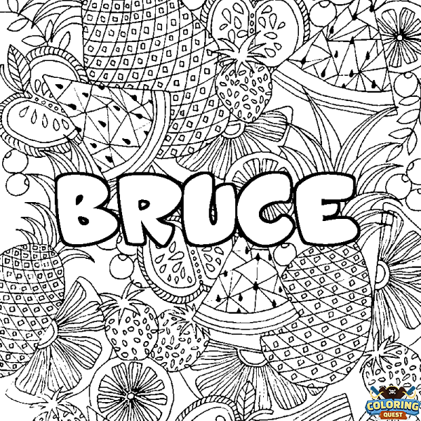 Coloring page first name BRUCE - Fruits mandala background