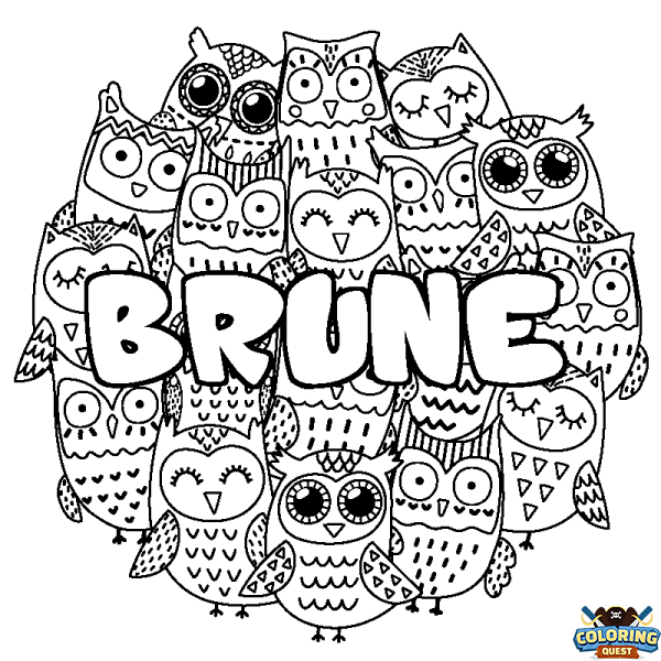 Coloring page first name BRUNE - Owls background