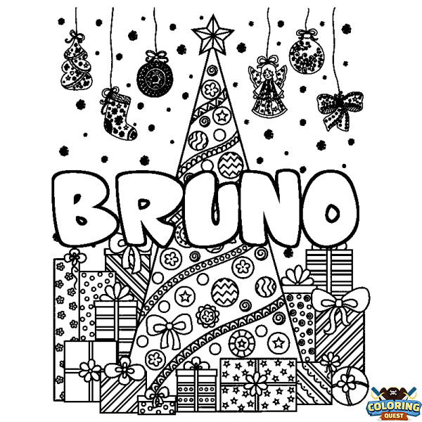 Coloring page first name BRUNO - Christmas tree and presents background