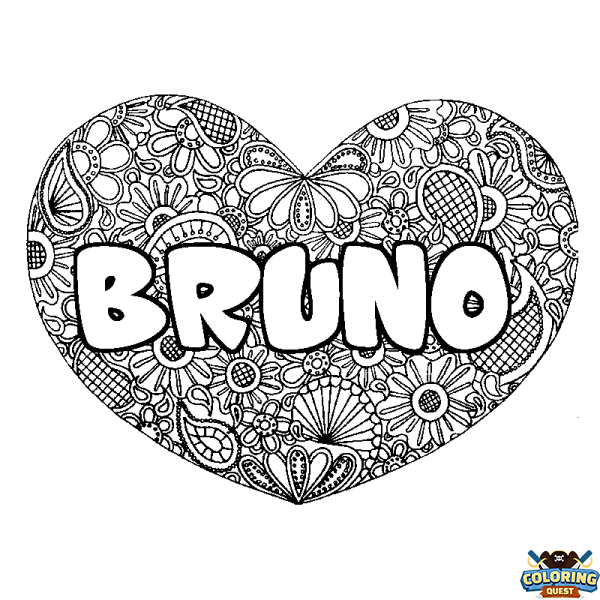 Coloring page first name BRUNO - Heart mandala background