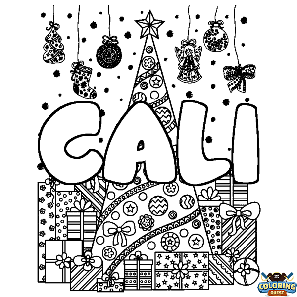 Coloring page first name CALI - Christmas tree and presents background