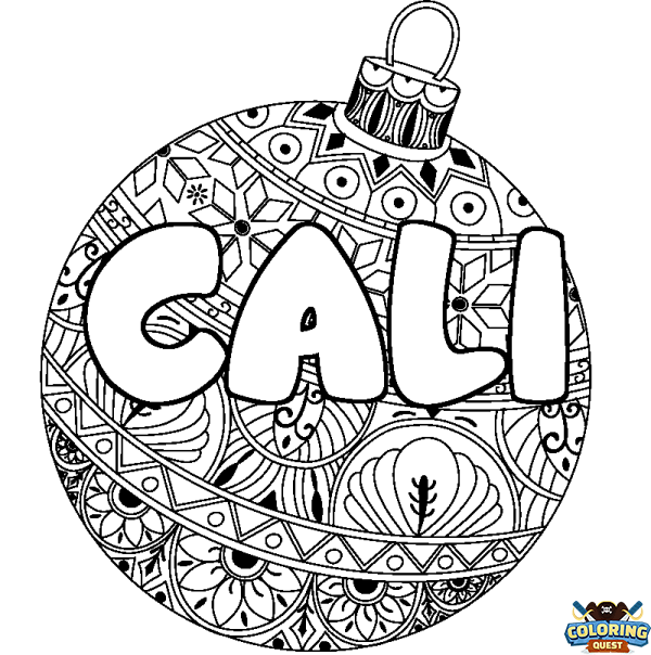 Coloring page first name CALI - Christmas tree bulb background