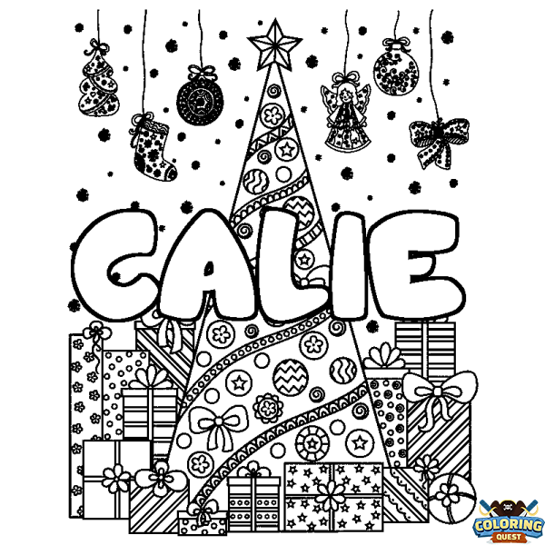Coloring page first name CALIE - Christmas tree and presents background