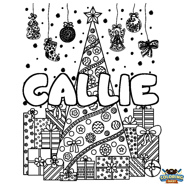 Coloring page first name CALLIE - Christmas tree and presents background