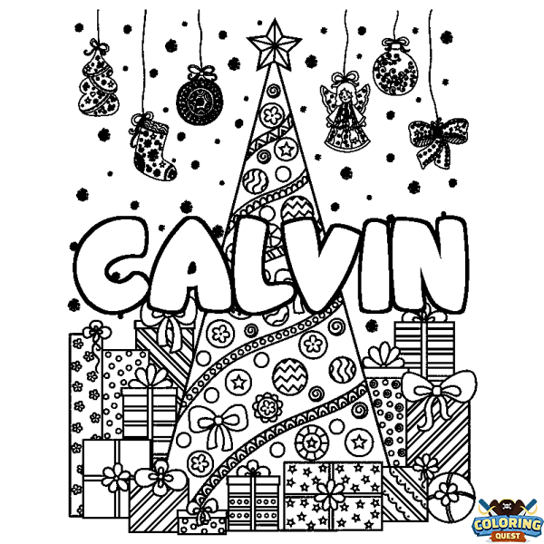 Coloring page first name CALVIN - Christmas tree and presents background