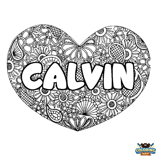 Coloring page first name CALVIN - Heart mandala background