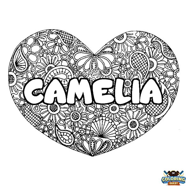Coloring page first name CAMELIA - Heart mandala background