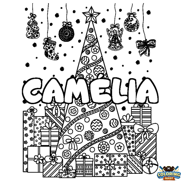 Coloring page first name CAM&Eacute;LIA - Christmas tree and presents background