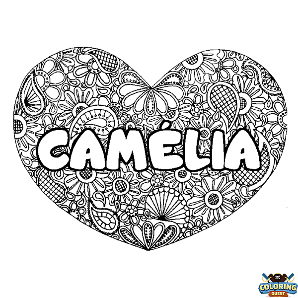 Coloring page first name CAM&Eacute;LIA - Heart mandala background