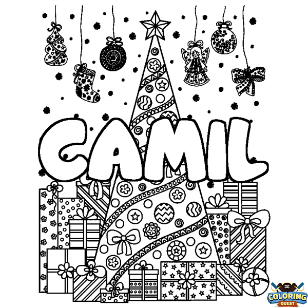 Coloring page first name CAMIL - Christmas tree and presents background