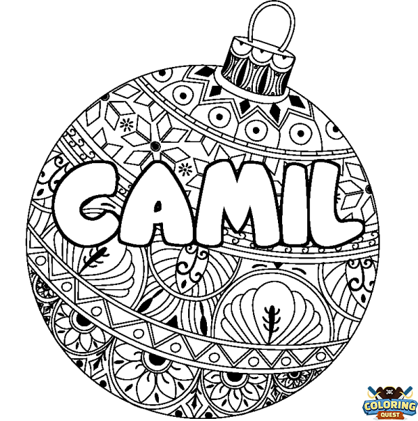 Coloring page first name CAMIL - Christmas tree bulb background