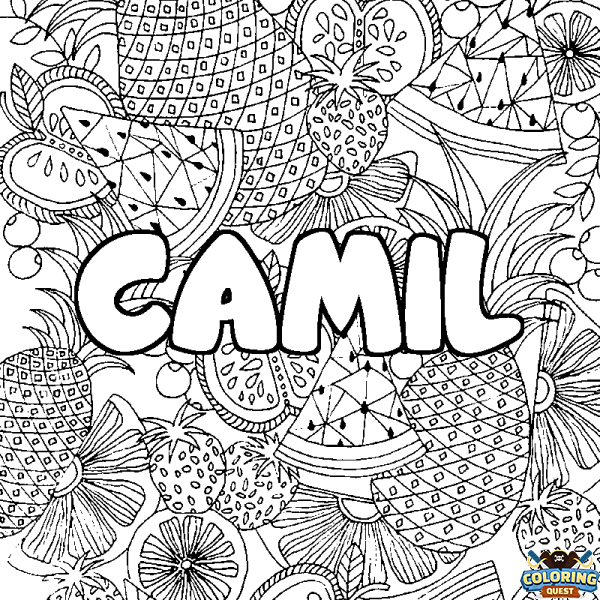 Coloring page first name CAMIL - Fruits mandala background