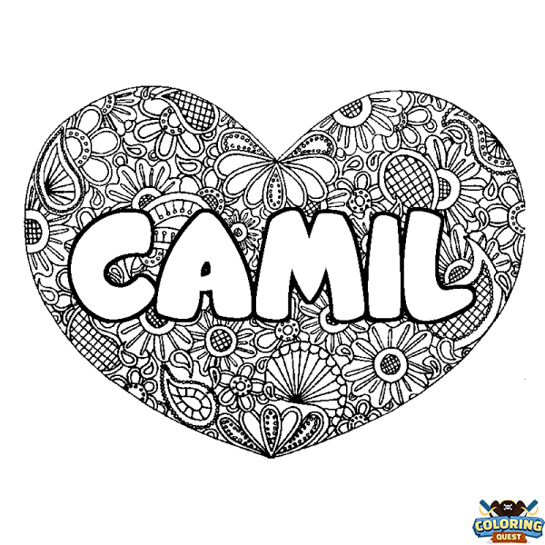 Coloring page first name CAMIL - Heart mandala background