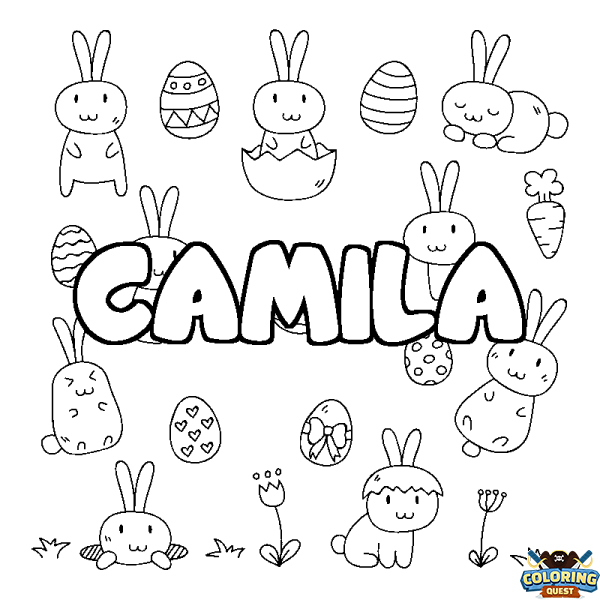 Coloring page first name CAMILA - Easter background