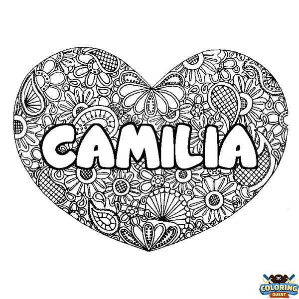 Coloring page first name CAMILIA - Heart mandala background