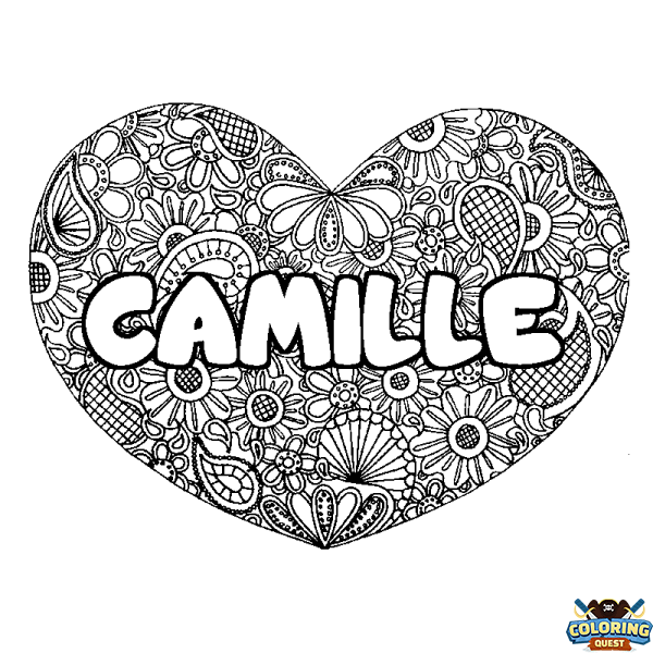 Coloring page first name CAMILLE - Heart mandala background