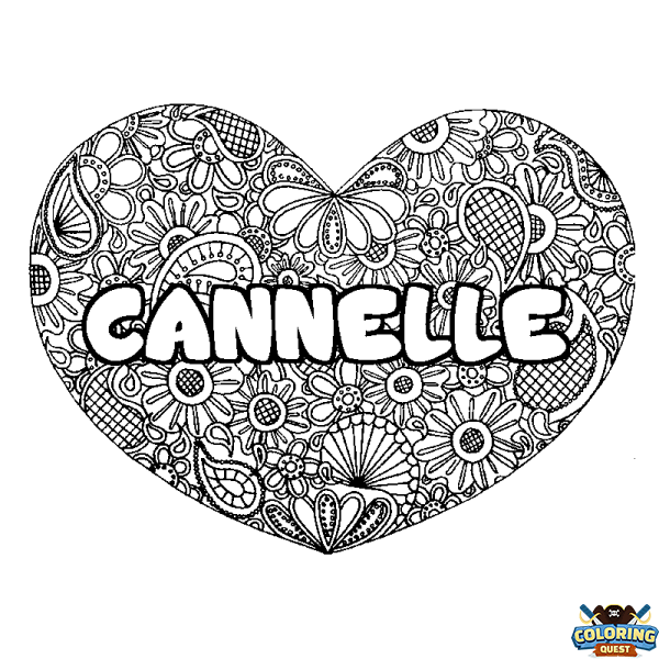 Coloring page first name CANNELLE - Heart mandala background