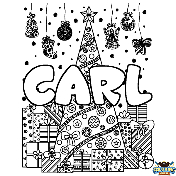 Coloring page first name CARL - Christmas tree and presents background