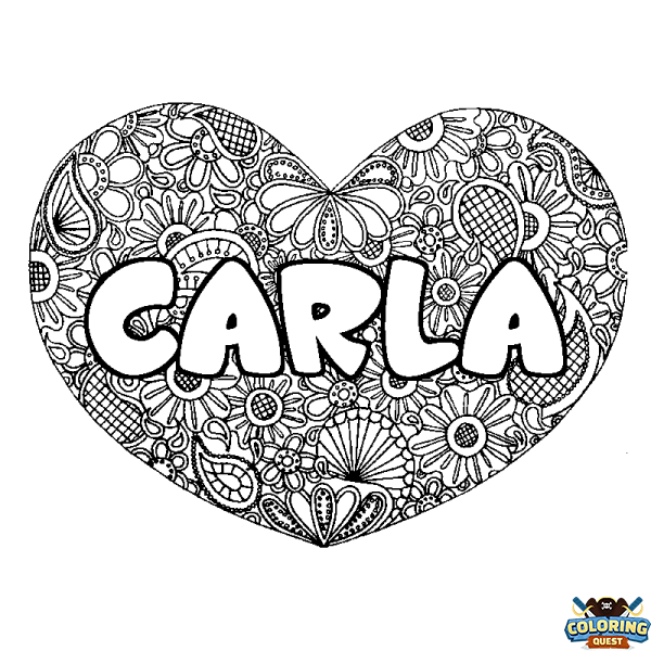 Coloring page first name CARLA - Heart mandala background