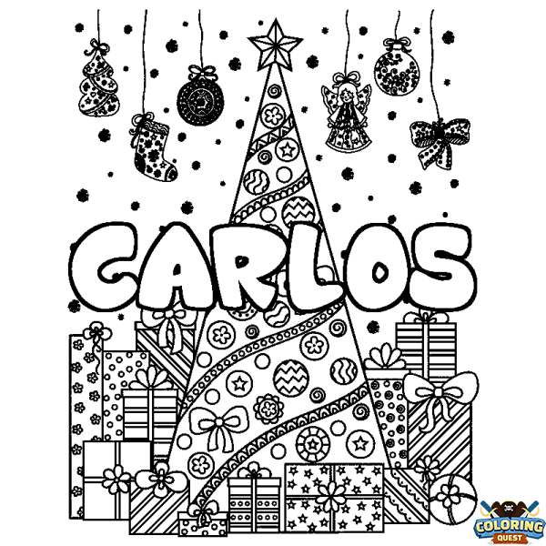 Coloring page first name CARLOS - Christmas tree and presents background