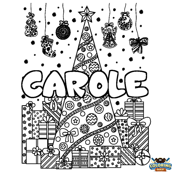 Coloring page first name CAROLE - Christmas tree and presents background