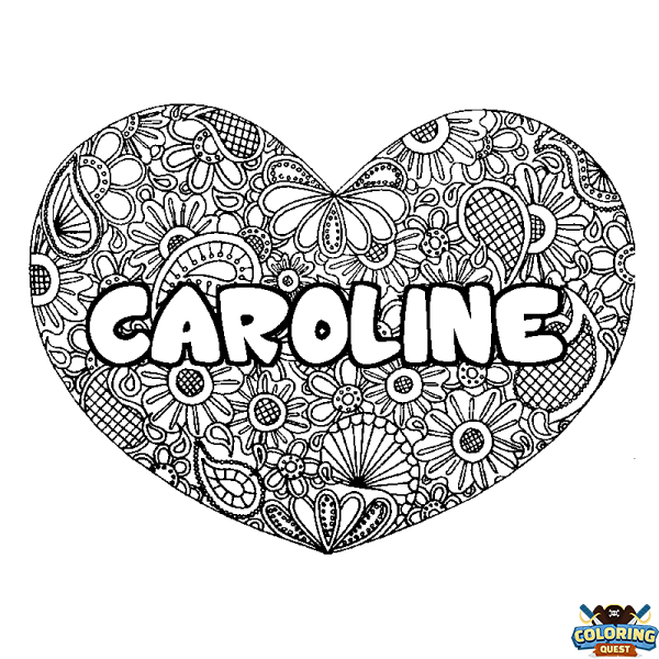 Coloring page first name CAROLINE - Heart mandala background