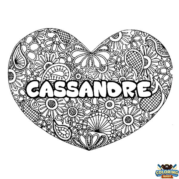 Coloring page first name CASSANDRE - Heart mandala background