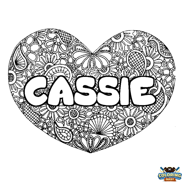 Coloring page first name CASSIE - Heart mandala background