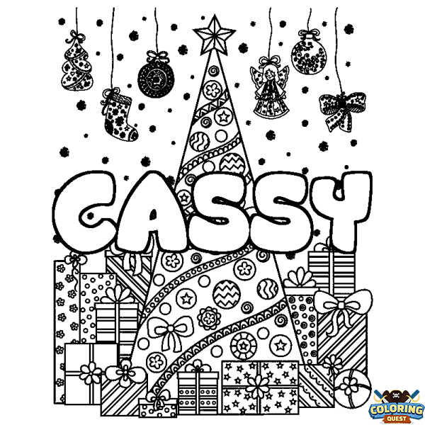 Coloring page first name CASSY - Christmas tree and presents background