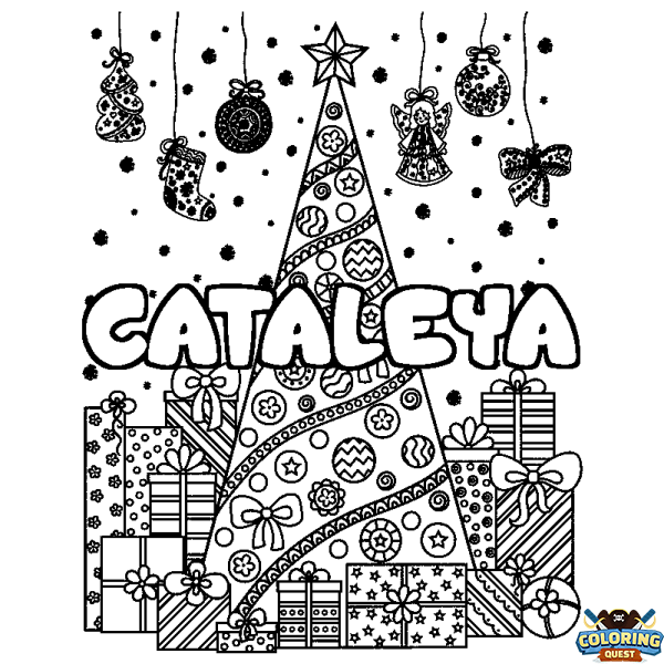 Coloring page first name CATALEYA - Christmas tree and presents background