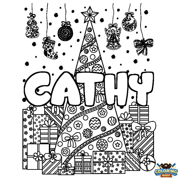 Coloring page first name CATHY - Christmas tree and presents background