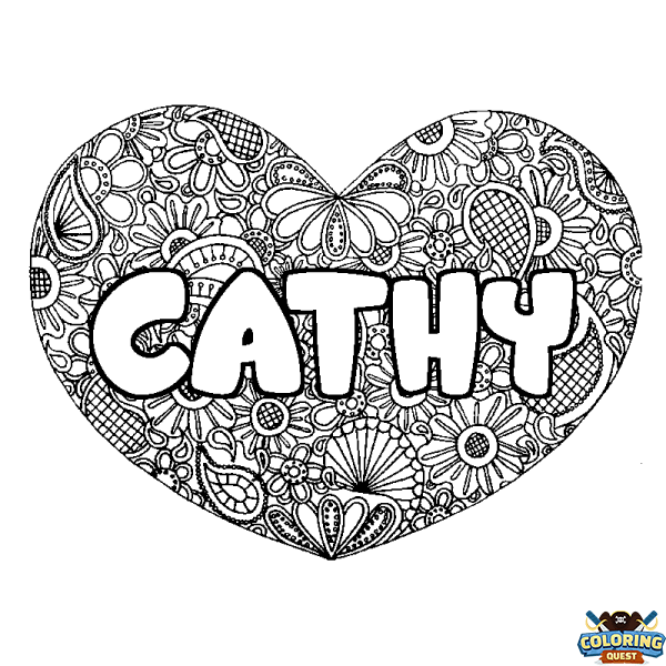 Coloring page first name CATHY - Heart mandala background