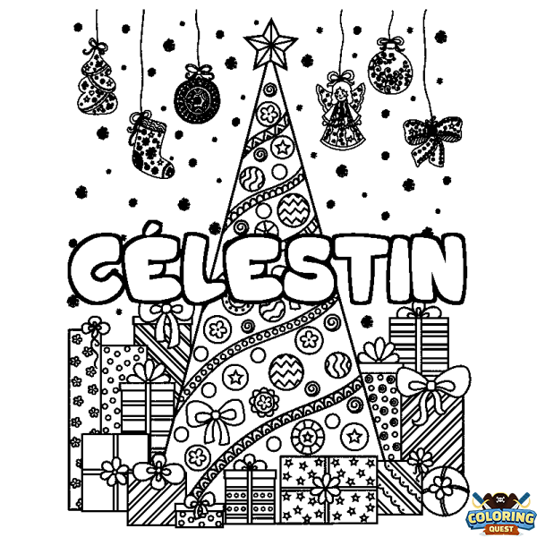 Coloring page first name C&Eacute;LESTIN - Christmas tree and presents background