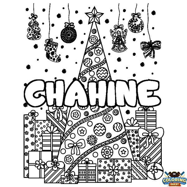 Coloring page first name CHAHINE - Christmas tree and presents background