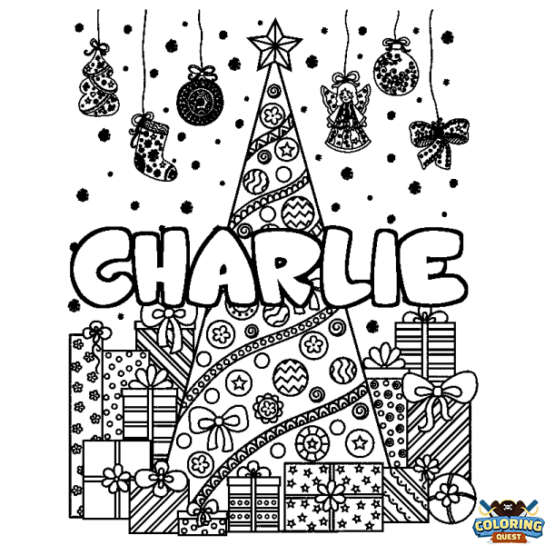 Coloring page first name CHARLIE - Christmas tree and presents background