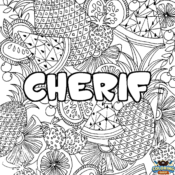 Coloring page first name CHERIF - Fruits mandala background