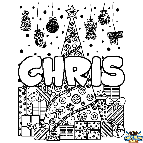 Coloring page first name CHRIS - Christmas tree and presents background