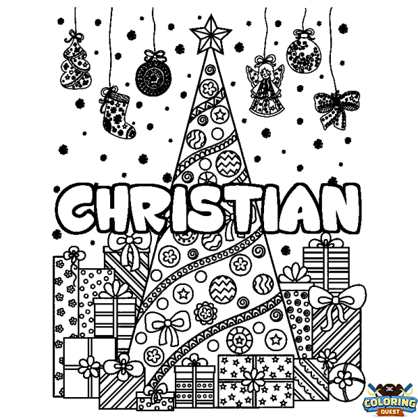 Coloring page first name CHRISTIAN - Christmas tree and presents background