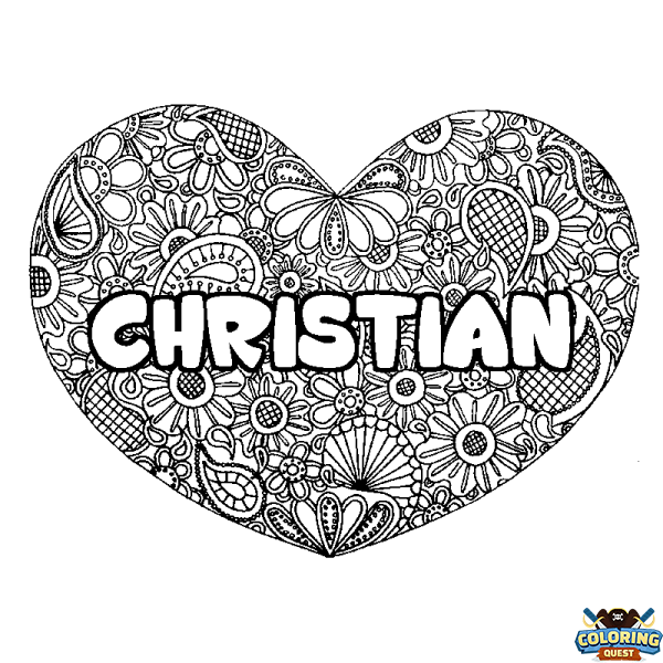 Coloring page first name CHRISTIAN - Heart mandala background