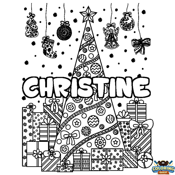 Coloring page first name CHRISTINE - Christmas tree and presents background