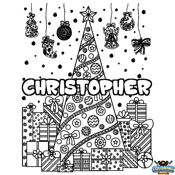 Coloring page first name CHRISTOPHER - Christmas tree and presents background
