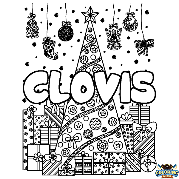 Coloring page first name CLOVIS - Christmas tree and presents background