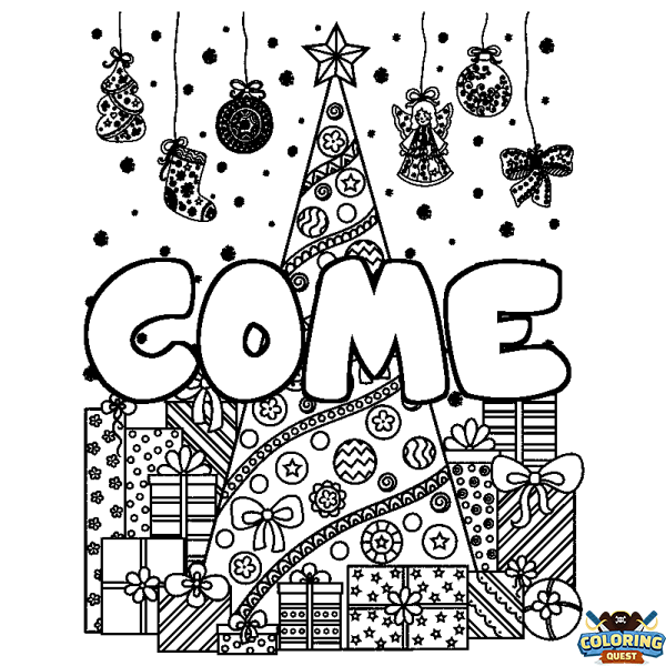 Coloring page first name COME - Christmas tree and presents background