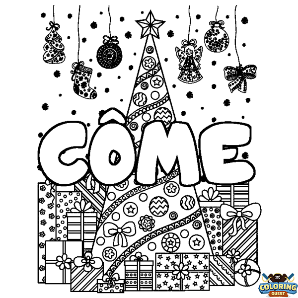 Coloring page first name C&Ocirc;ME - Christmas tree and presents background